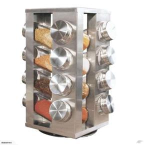 Spice Rack Stand Carousel Rotating Glass 16 Jars - Silver Color