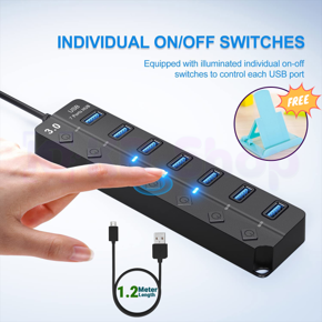 7 Port USB Hub with Individual On/Off Switches and Lights for PC Laptop, 0.3m High Speed Extension Hub (Black) Cable Length - 1.2M