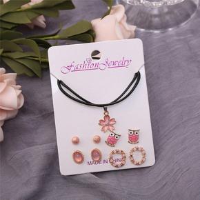Pink necklace ear jewelry suit female personality wild cute flower necklace earrings set