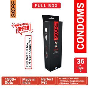 Skore - Not Out Climax Delay Condom With 1500+ Raised Dots - Full Box + 3 Packs Free - 3x12=36pcs+9pcs Condoms