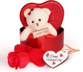 HarnezZ Prezzie Villa soft Cute Teddy and Rose Flowers Valentine Day Love Gift -Heart Shape Gifting Box - Red