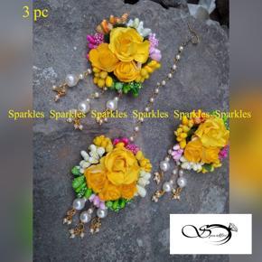 Artificial Flower Non-Bridal Earrings Tikli Set - 3pc yellow color