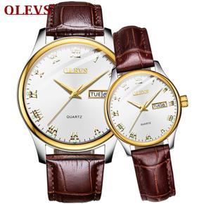 OLEVS Fashion Business Coauple Watch Waterproof Leather Strap Luminous Quartz Watches For Men and Women - 5568（2 piece）