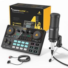 Maono Caster (AU-AM200) Lite Portable ALL-IN-ONE Podcast Production Studio with 3.5mm Microphone for Guitar, Live Streaming, PC, Record and Gaming Audio Interface with DJ Mixer and Sound Card,