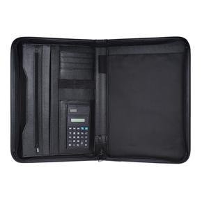 Multifunctional Professional Business Zippered Portfolio Padfolio Folder Document Case Organizer A4 PU Leather with Calculator Business Card Holder Memo Note Pad