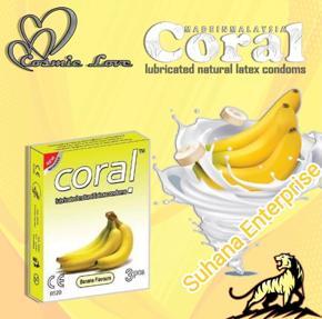 Coral - Banana Flavors Lubricated Natural Latex Condom - Single Pack- 3x1-3pcs