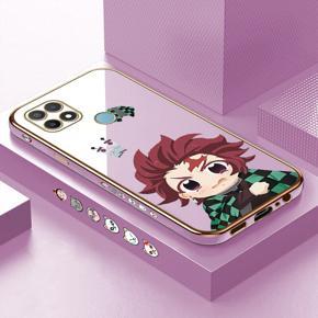 Hontinga for OPPO A15 Case Luxury 6D Plating Soft Casing Silicone Square Frame Phone Cover Shiny Bling Side Print Cartoon Anime Tanjirou Cases