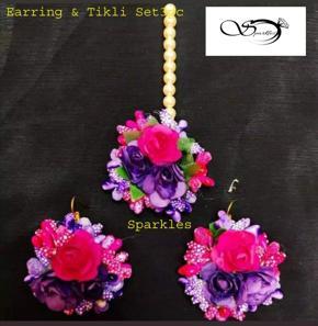 Artificial Flower Earrings & Tikli Set- 3pc Set
