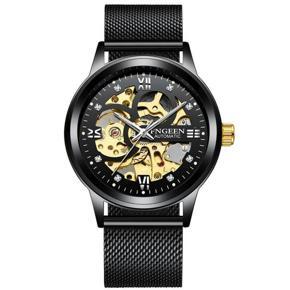 FNGEEN Men's Fashion Casual Watch Luminous Mesh Stainless Steel Strap Rhinstones Classic Hollow Mechanical Watch 6018