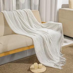 Knitted Blanket with Fringes Tassels Plain Color Cozy Lazy Blankets Home Decorative Blanket Creamy White