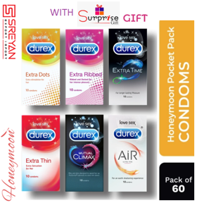 Durex Winter Honeymoon Combo Pack With SurpriseGift - Dots,Ribbed,Extra Time,Thin, Mutual Climax,Air - 60Unit