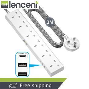 LENCENT 3-Meter 9 in 1 Extension Lead with USB C Port, 3250W 13A, 6 Way Outlets Power Strip with 1 USB-C and 2 USB Slots, Multi Power Plug Extension with 3M Braided Extension Cord for Home Office, Whi