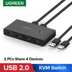 UGREEN USB Switch Selector 2 Computers Sharing 4 USB Devices USB 2.0 Peripheral Switcher Box Hub for Mouse Keyboard Scanner Printer PCs with One-Button Swapping and 2 Pack USB A to A Cable