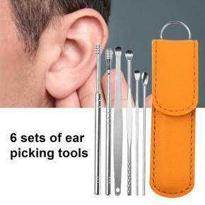 6PCS Ear Pick Set Portable Ear Cleaner Set Stainless Steel With Lather Case