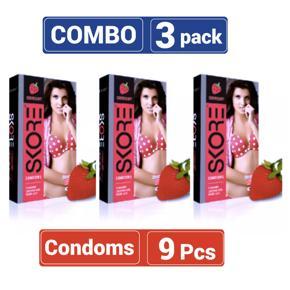 SKORE - Strawberry Climax Delay With Raised Dots Condom - Combo Pack - 3 Packs - 3x3=9pcs