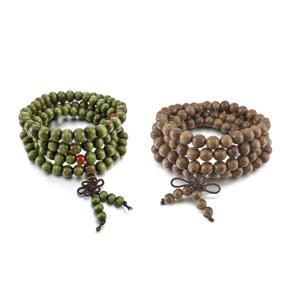 BRADOO- 2Pcs 8Mm Wood Bracelet Link Tibetan Buddhist Chain 108Pcs Bead Prayer Buddhist Chinese Knot Elastic Man, Woman - Green & Gray