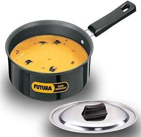 Futura Hard Anodised Saucepan with Stainless Steel Lid, Capacity 1 Litre, Diameter 14 cm, Thickness 3.25 mm, Black (AS10S)Milk pan-Tea Pan With Induction Bottom