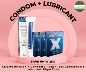 Condom & Lubricant Combo Pack - 3 Pack Xtreme Ultra Thin Condom + J&J's K Y Jelly Personal Lubricant 50g Tube