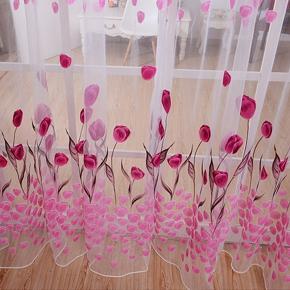 Romantic Tulip Print Voile Sheer Curtain Drape Divider Valance for Door Window