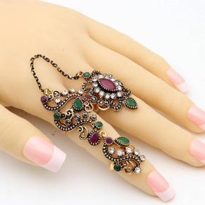 Vintage Flower  Rings Adjustable Size Women Colorful Resin Antique Jewelry Link Two Fingers Ring Festival Anillos