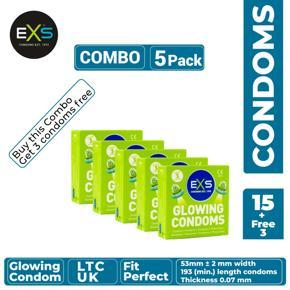 EXS - Glow In The Dark Glowing Condom - Combo of 5 Packs - 3x5=15pcs + 3pcs Free (Made in UK)