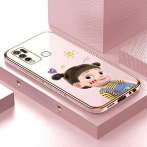 Hontinga for Vivo Y50 Y30 Y30I Back Cover Luxury 6D Plating Cute Cartoon Happy Girl Side Pattern Case Soft Silicone Square Phone Cases