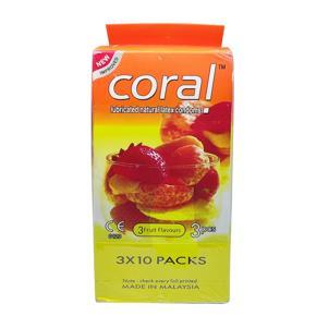 Coral 3 Fruits Flavors Lubricated Natural Latex Condoms Full Box - 30 Pcs/30 time use