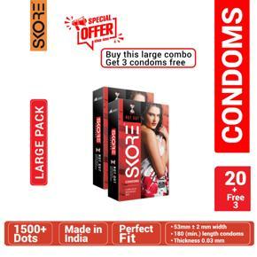 Skore - Not Out Climax Delay Condom With 1500+ Raised Dots - Combo Pack - 2 Large Pack+1 Single Pack Free  - 10x2=20pcs+3pcs Condoms