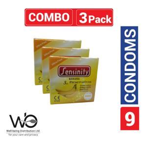 Sensinity Ultra Fine Ribbed & Dotted Banana Flavor Condom - Combo Pack - 3 Packs - 3x3=9pcs