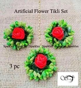 Artificial Flower Jewellery Tikli Set Green Colour For Women-3 pc