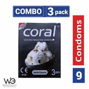 Coral - Vanilla Flavors Lubricated Natural Latex Condom - Combo Pack - 3 Packs - 3x3=9pcs