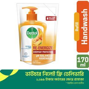 Dettol Handwash Re-energize 170ml Refill, pH-Balanced Liquid Soap formula