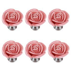 Ceramic Rose Cabinet Knobs 6 Pack Cupboard Door Knobs Drawer Dresser Pull Handles with Screws (Pink)