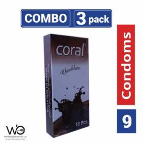 Coral - Chocolate Flavors Lubricated Natural Latex Condom - Combo Pack - 3 Packs - 3x3=9pcs