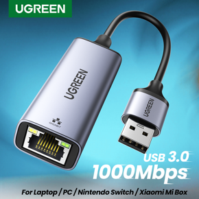 UGREEN Network Adapter USB 3.0 to Ethernet RJ45 Lan Gigabit Adapter for 10/100/1000 Mbps Ethernet Supports Nintendo Switch/TV Box Black