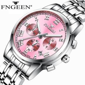 FNGEEN Top Brand Luxury Business Watch Women Watches Stainless Steel Pink Red Quartz Wristwatches Waterproof Luminous Hands