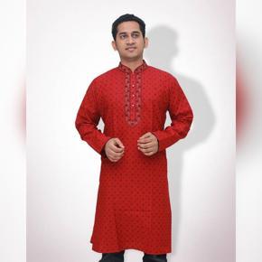 Red and Black Cotton Semi Long Panjabi for Men