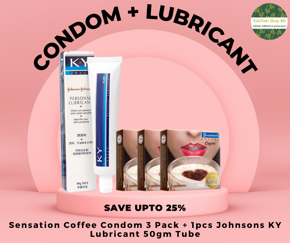 Condom & Lubricant Combo Pack - 3 Pack Sensation Coffee Flavor Condom + J&J's K Y Jelly Personal Lubricant 50g Tube
