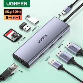 UGREEN USB C Hub Dual HDMI Adapter 9in1 USB C Docking Station with Dual 4K@60Hz HDMI PD Charging ,2 USB3.0 ,a USB2.0, SD/TF Card Reader and RJ45 for MacBook, Dell, HP
