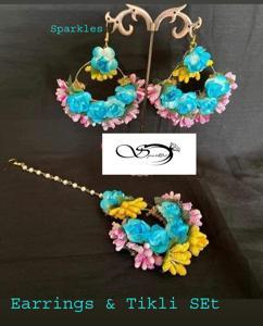 Exclusive Designer Non Bridal artificial Flower Earrings & Tikli Set-3 pc