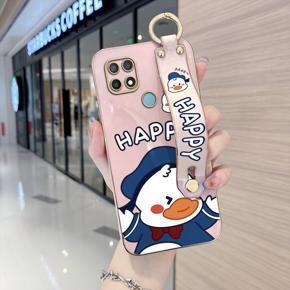 Hontinga for OPPO A15 / A15S Back Cover With Wristband Luxury 6D Plating Cute Duck Case Soft Silicone Square Phone Cases