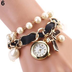 Women's Faux Pearl Bowknot Decor Faux Leather Band Quartz Bracelet Wrist Watch