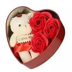 HarnezZ Prezzie Villa soft Cute Teddy and Rose Flowers Valentine Day Love Gift -Heart Shape Gifting Box - Multi Colors