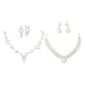 2 Set Women'S Jewelry Set Bridal Wedding Necklace Earrings, 1 Set White Great Drop Flash Diamond & 1 Set Bow Tassel Pearls Crystal Rhinestone