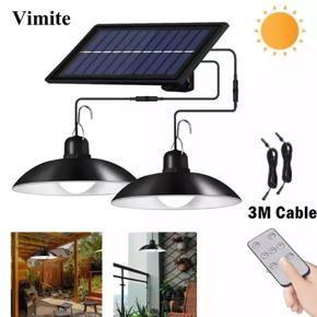 Vimite LED Solar Panel Light Bulb Indoor House Ceiling Outdoor Waterproof Automatic Garden Light Double Headed Hanging Solar Pendant Light with Remote Control 3M Cable for Yard Gate Street Lamp Warm W