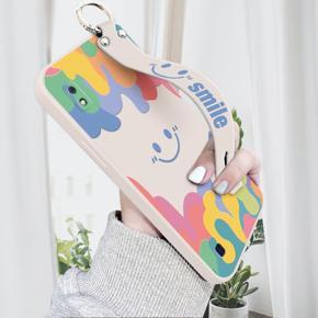 Hontinga for Samsung Galaxy A10 Wrist Strap Case Soft Candy Color Splash Ink Cover Trend Square Printed Pattern Liquid Silicone Phone Case