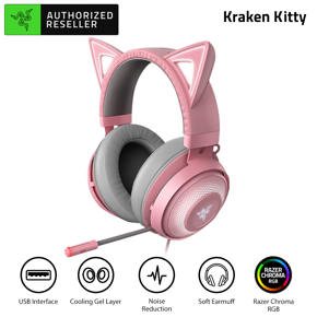 Razer Kraken Kitty Gaming Headset TNX 7.1 Surround Sound Headset with Active Noise Reduction Microphone 50mm Driver Unit Quartz