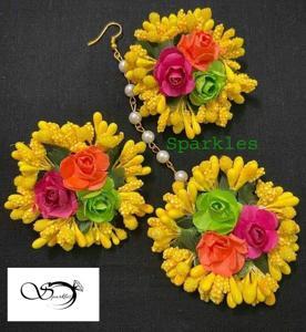 Artificial Flower Non-Bridal Earrings & Tikli Set-Yellow Color