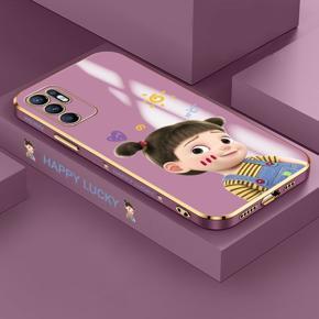 Hontinga for OPPO Reno6 4G Back Cover Luxury 6D Plating Cute Cartoon Happy Girl Side Pattern Case Soft Silicone Square Phone Cases