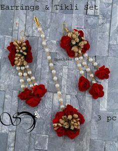 Exclusive Artificial Flower Red Color Non Bridal Earring And Tikli Set-3pc